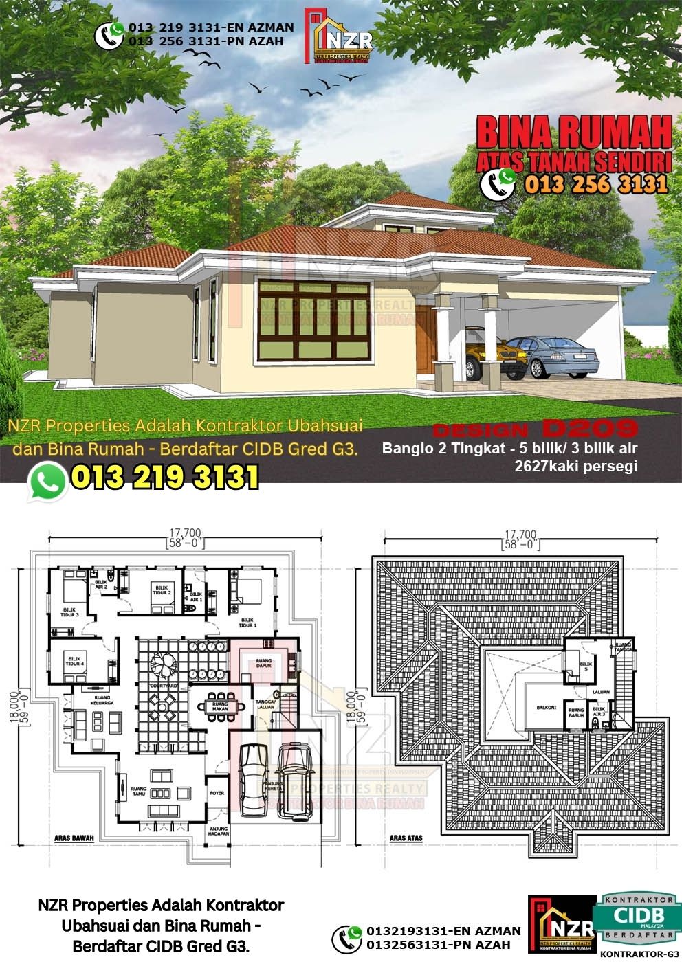 Design 9-Kod D209-Design Rumah Dua Tingkat -5 Bilik & 3 Bilik Air-Size Rumah 2627kps