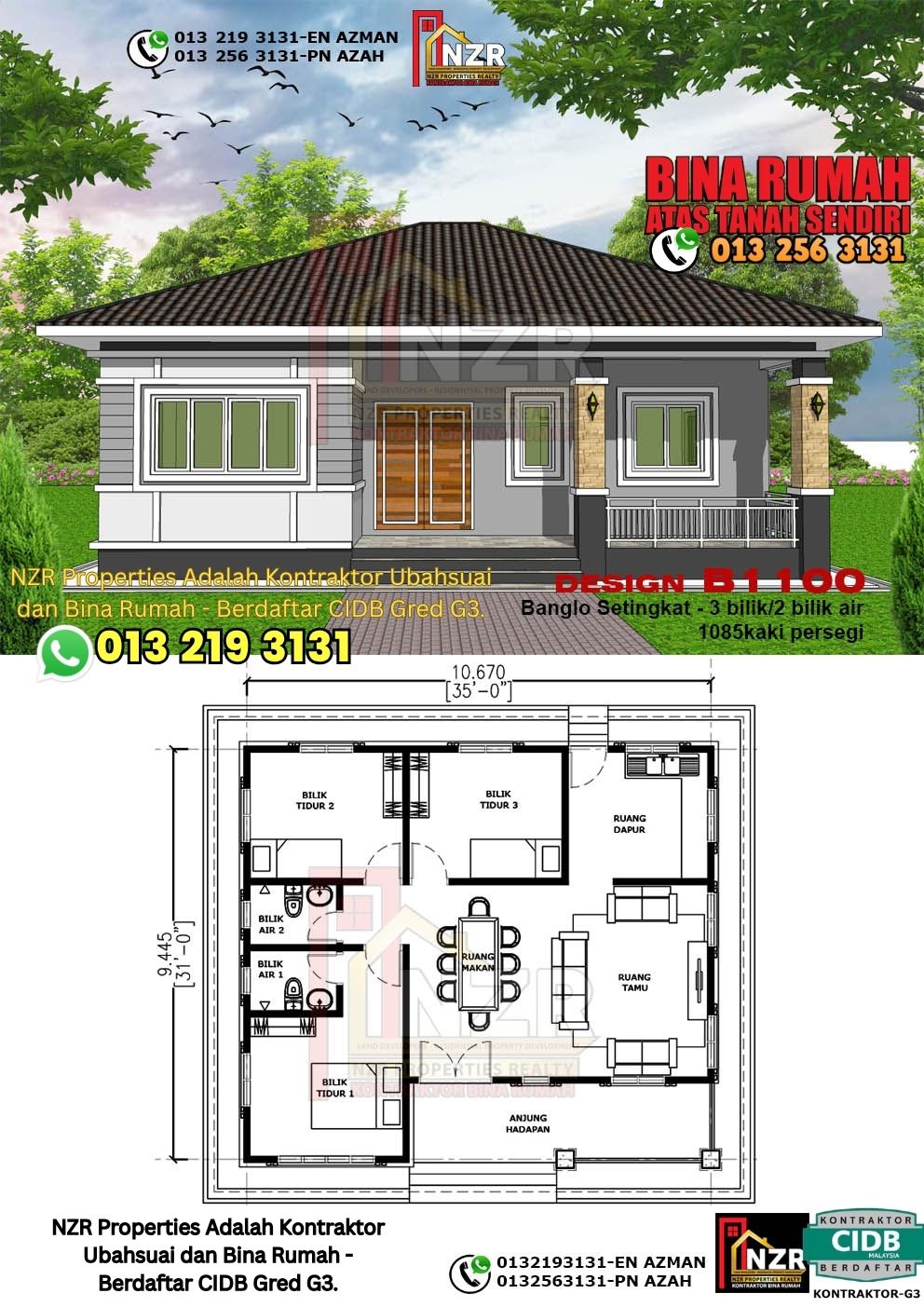 Design 88-Kod B1100-Banglo Setingkat - 3Bilik &2 Bilik Air-Size Rumah 1085kps