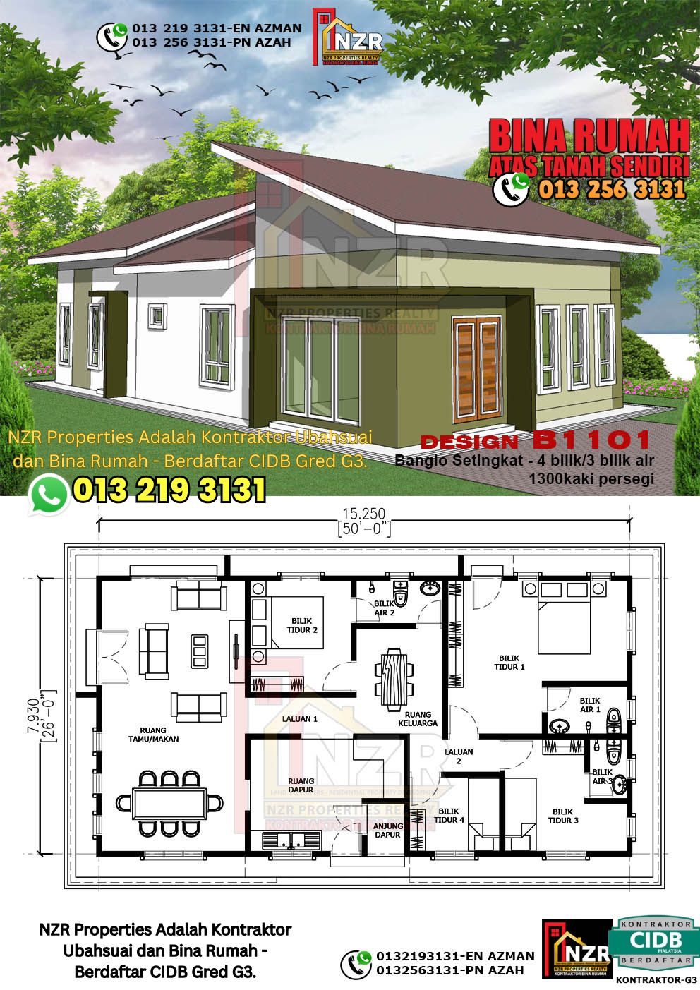 Design 89-Kod B1101-Banglo Setingkat - 4Bilik &3 Bilik Air-Size Rumah 1300kps