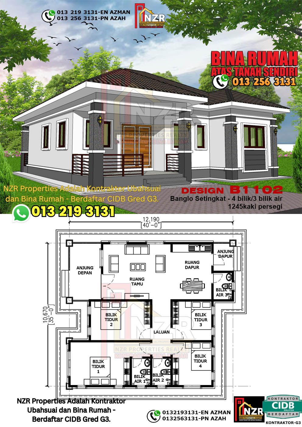 Design 90-Kod B1102-Banglo Setingkat - 4Bilik &3 Bilik Air-Size Rumah 1245kps