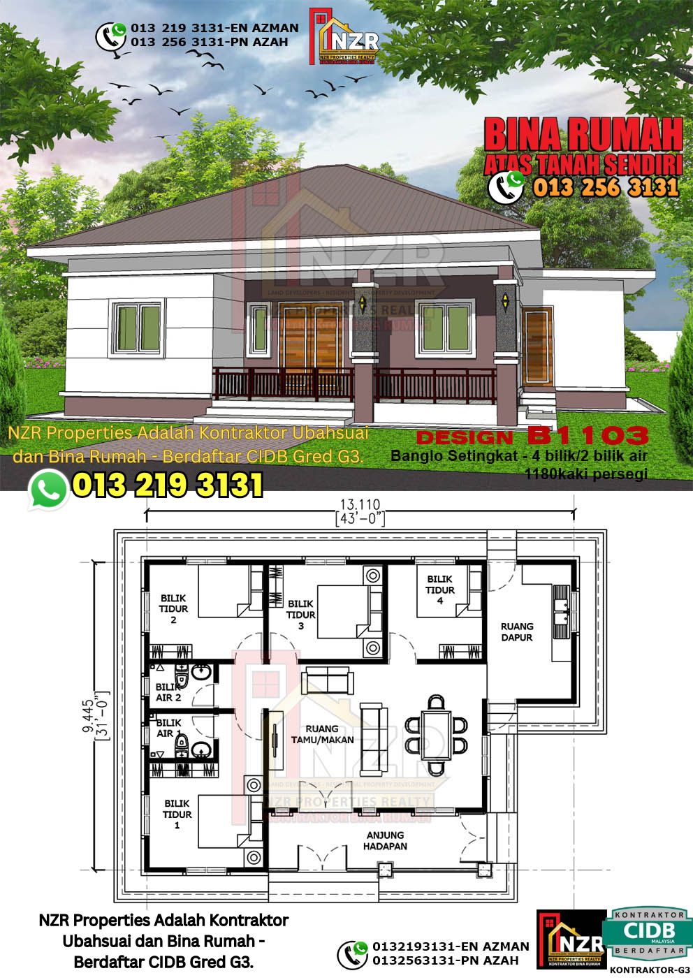 Design 91-Kod B1103-Banglo Setingkat - 4Bilik &2 Bilik Air-Size Rumah 1180kps
