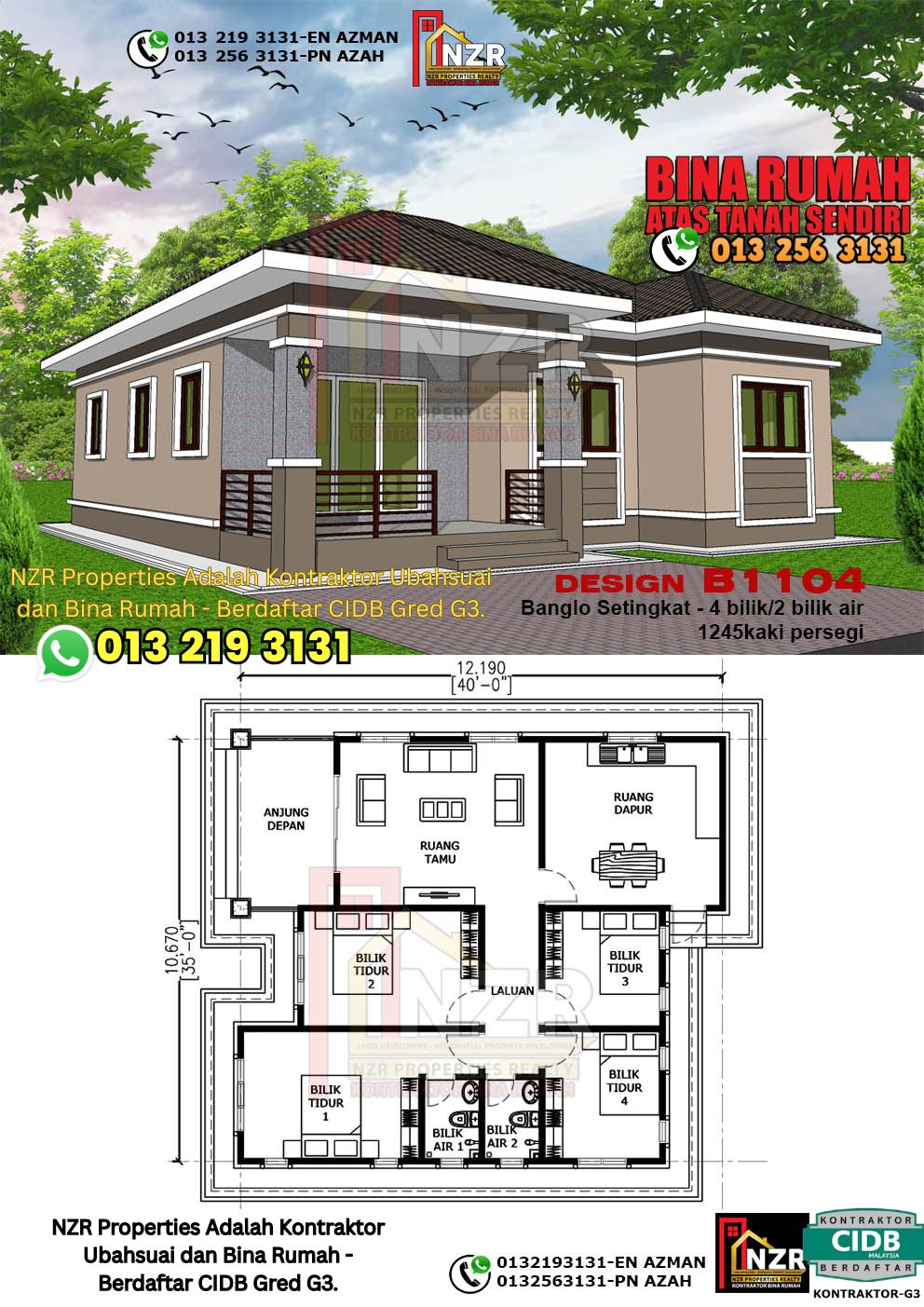 Design 92-Kod B1104-Banglo Setingkat - 4Bilik &2 Bilik Air-Size Rumah 1245kps