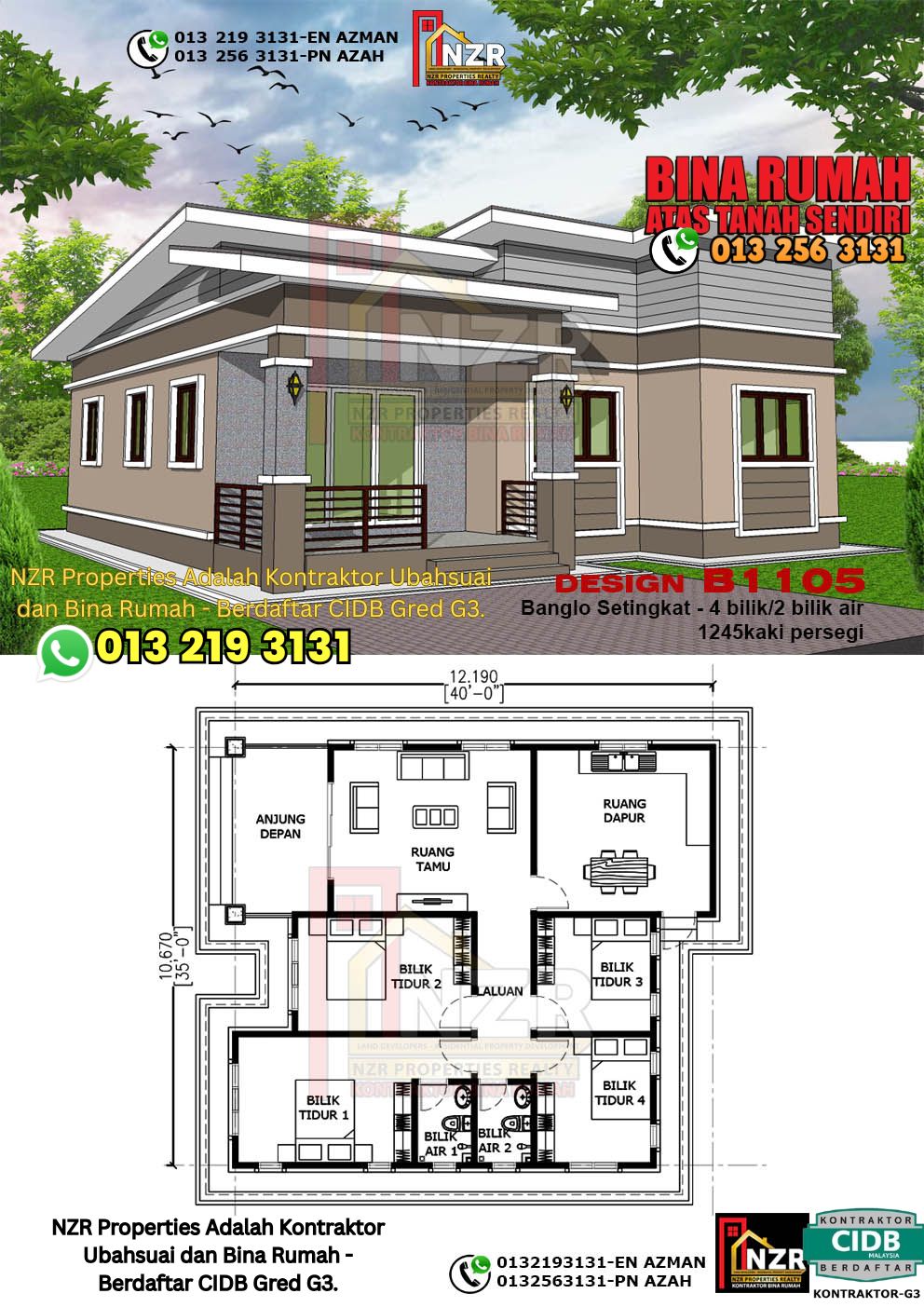 Design 93-Kod B1105-Banglo Setingkat - 4Bilik &2 Bilik Air-Size Rumah 1245kps