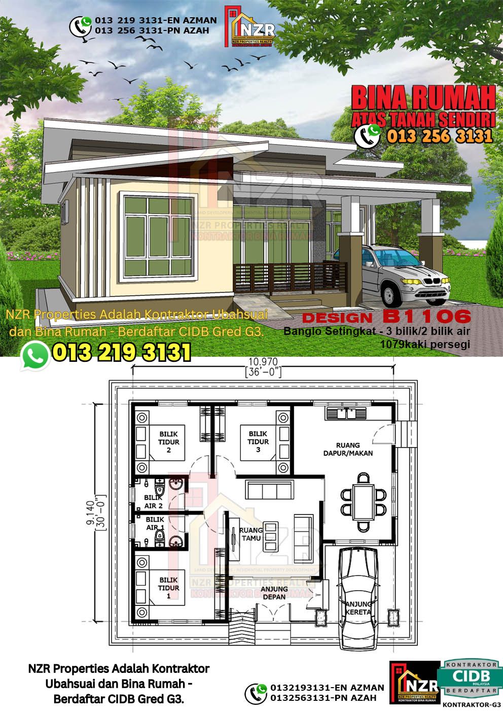 Design 94-Kod B1106-Banglo Setingkat - 3Bilik &2 Bilik Air-Size Rumah 1079kps
