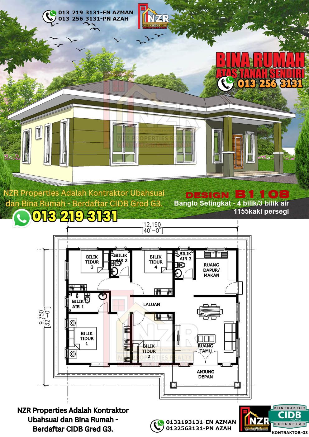 Design 96-Kod B1108-Banglo Setingkat - 4Bilik &3 Bilik Air-Size Rumah 1155kps