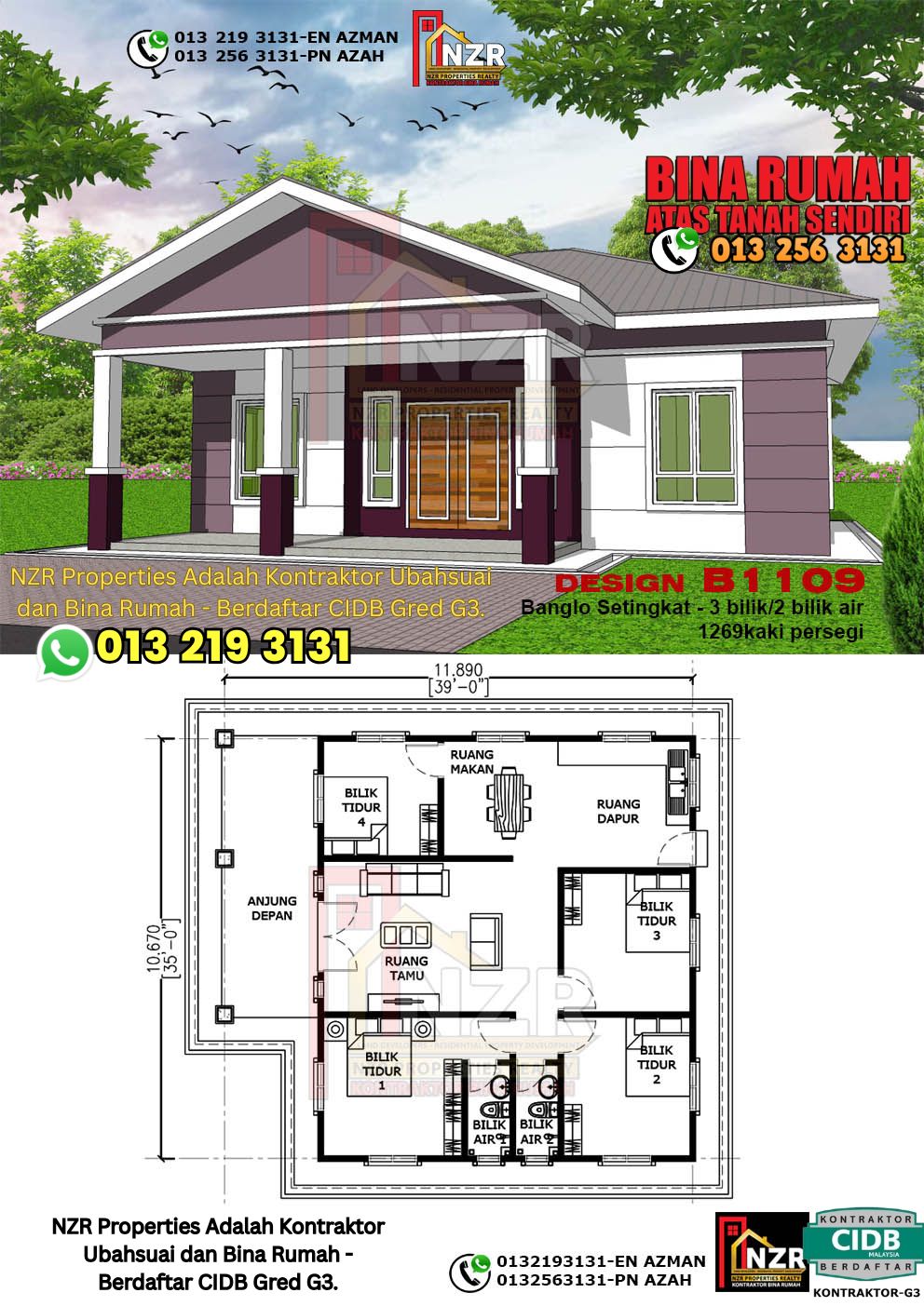 Design 97-Kod B1109-Banglo Setingkat - 3Bilik &2 Bilik Air-Size Rumah 1269kps