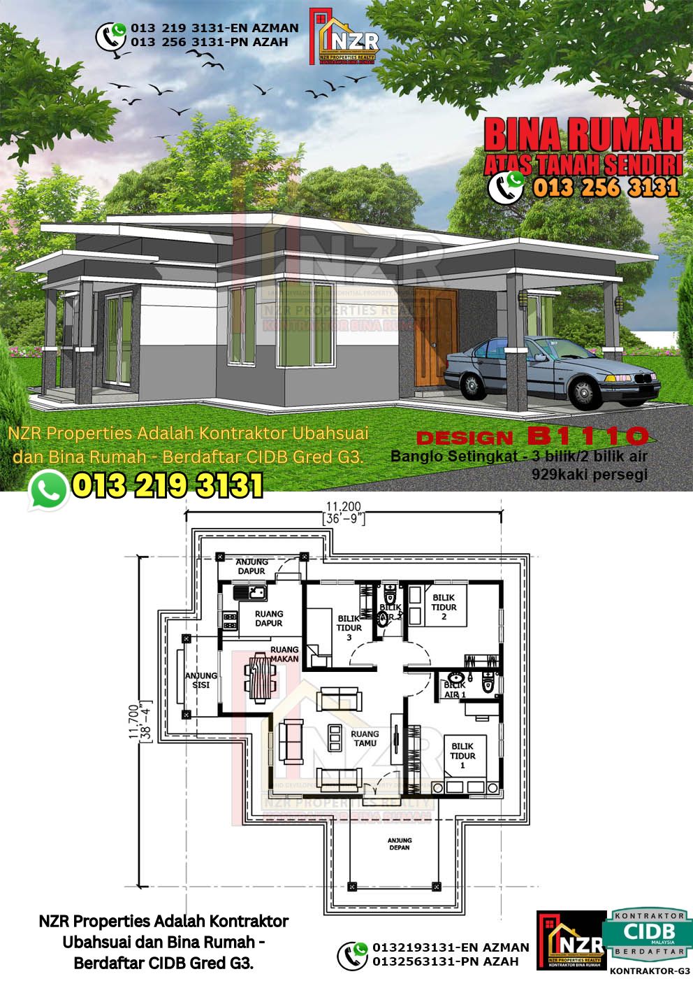 Design98 -Kod B1110-Banglo Setingkat - 3Bilik &2 Bilik Air-Size Rumah 929kps