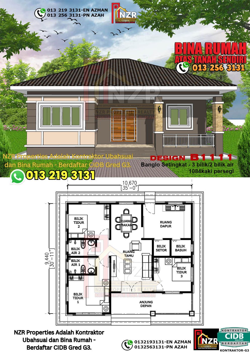 Design 99-Kod B1111-Banglo Setingkat - 3Bilik &2Bilik Air-Size Rumah 1084kps