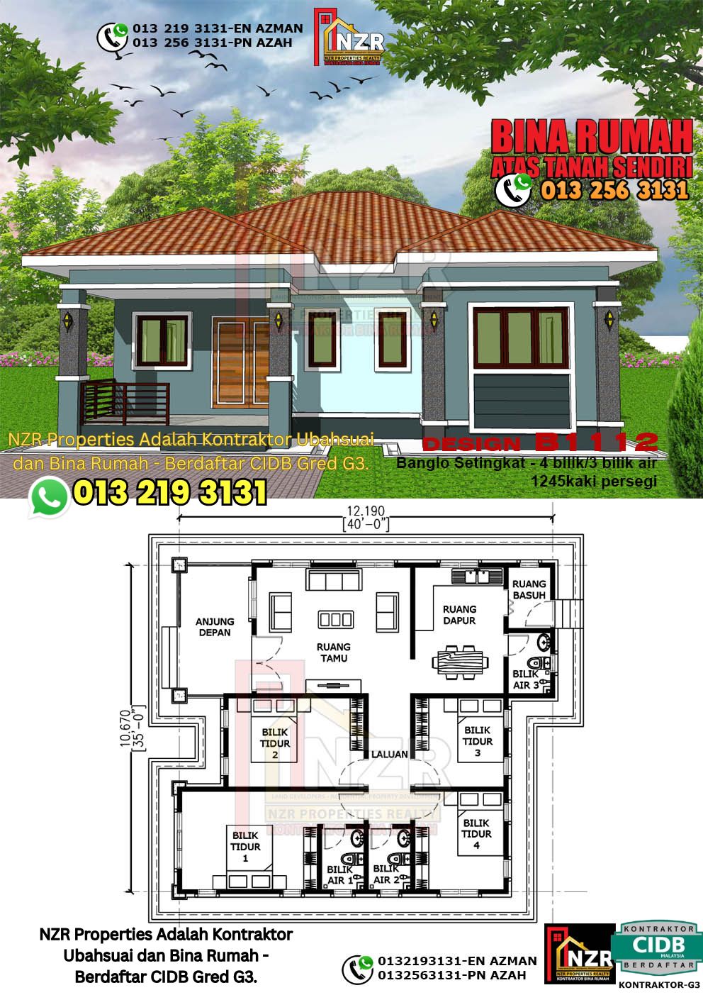 Design 100-Kod B1112-Banglo Setingkat - 4Bilik &3Bilik Air-Size Rumah 1245kps