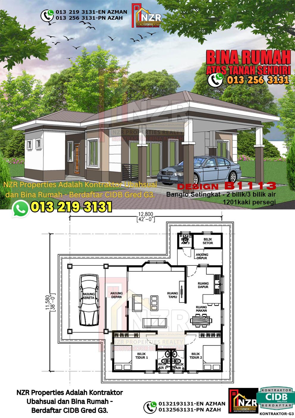 Design -101-Kod B113-Banglo Setingkat - 2 Bilik &3Bilik Air-Size Rumah 1201kps
