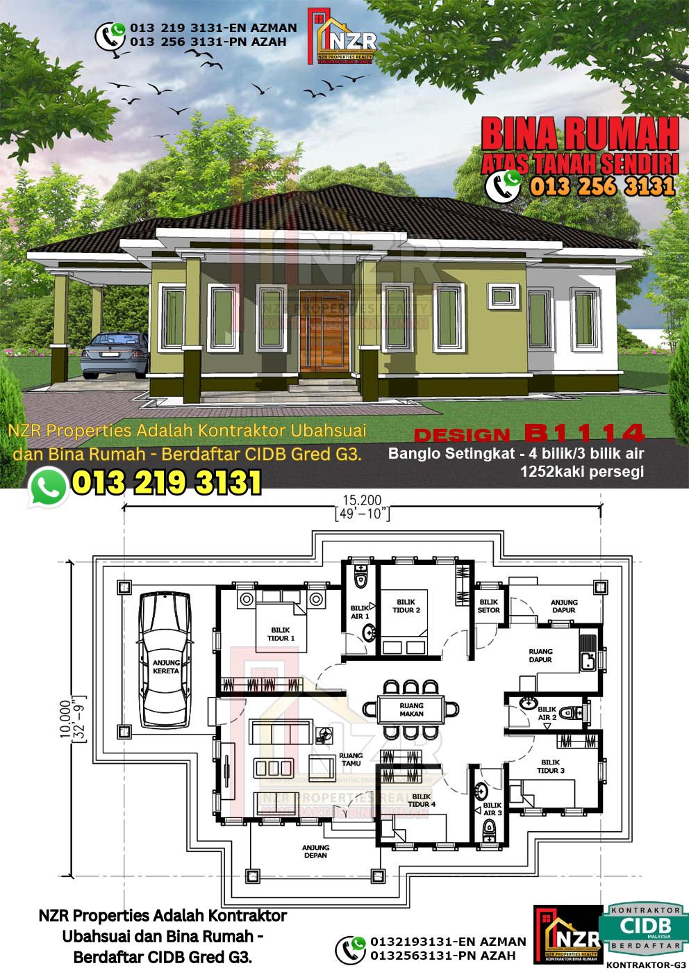 Design 102-Kod B1114-Banglo Setingkat - 4Bilik &3Bilik Air-Size Rumah 1252kps