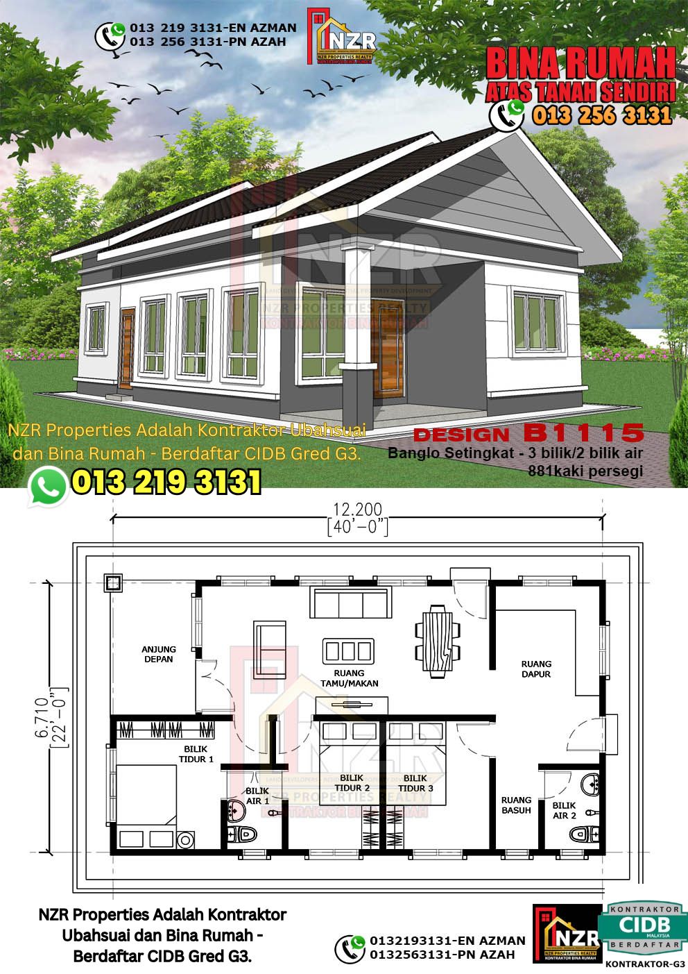 Design 103-Kod B1115-Banglo Setingkat - 3Bilik &2Bilik Air-Size Rumah 881kps