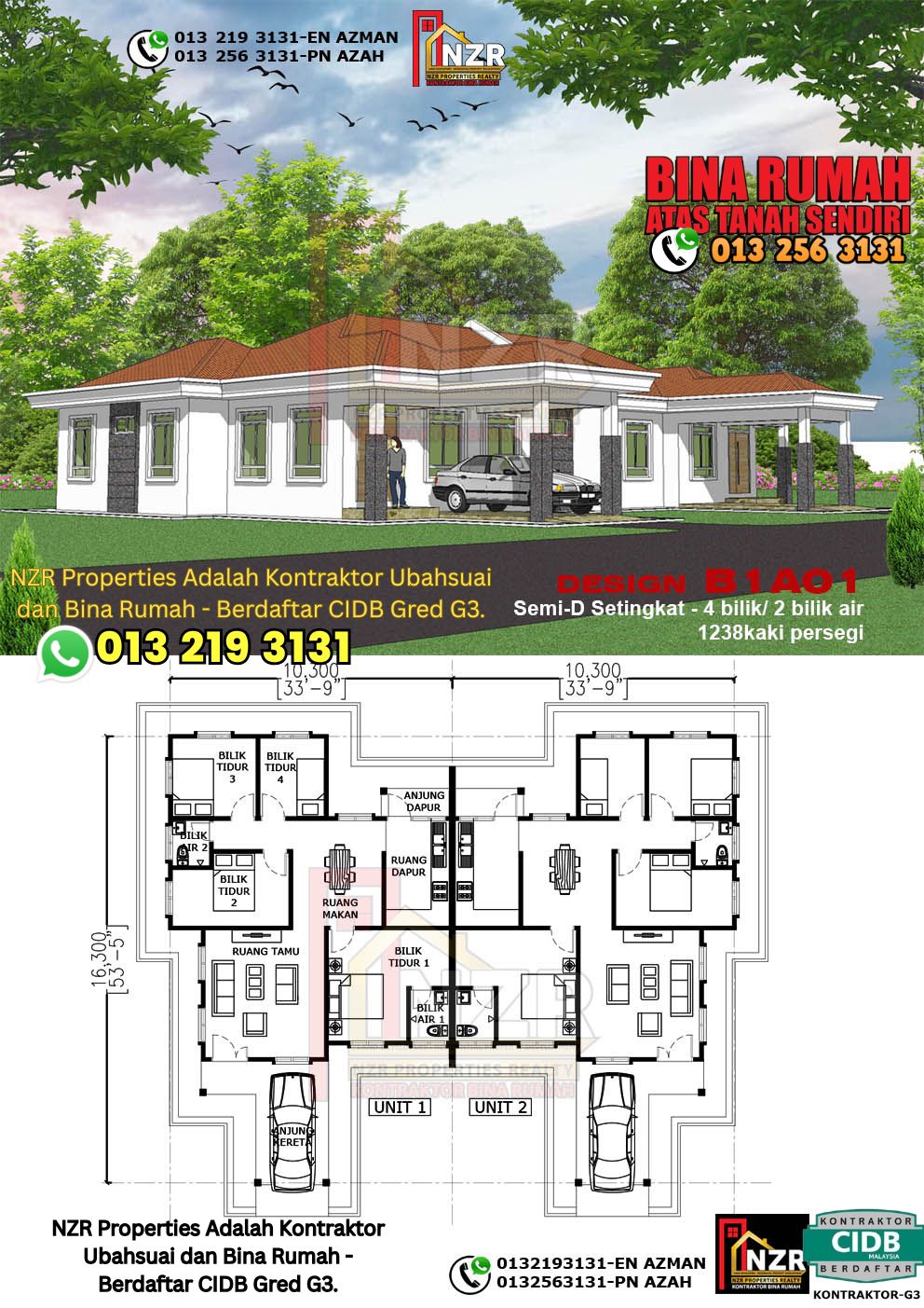 Design 1-Kod B1A01- Semi D Satu Tingkat 4 Bilik & 2 Bilik Air-Size Rumah 1238kps