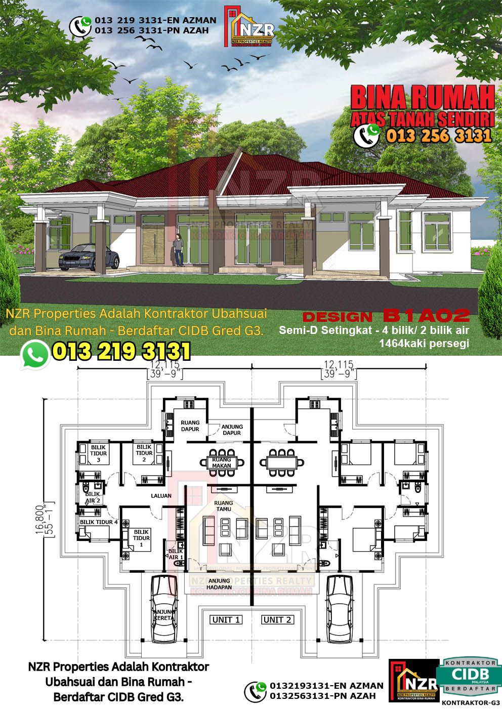 Design 2-Kod B1A02- Semi D Satu Tingkat 4 Bilik & 2 Bilik Air-Size Rumah 1464kps