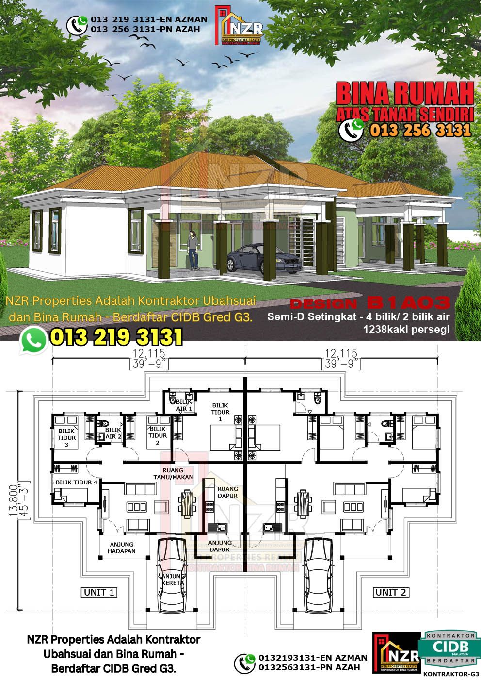Design 3-Kod B1A03- Semi D Satu Tingkat 4 Bilik & 2 Bilik Air-Size Rumah 1238kps