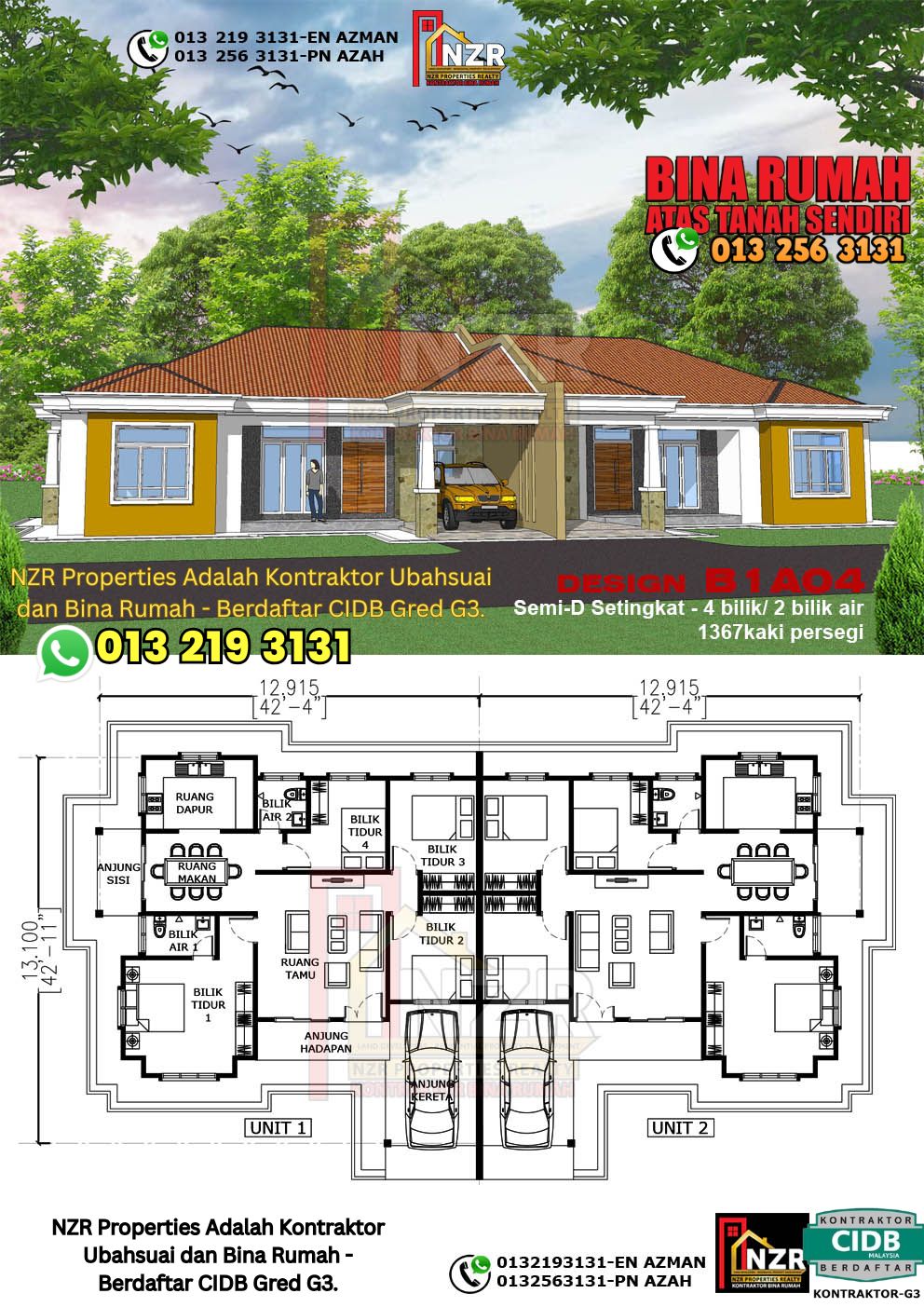 Design 4-Kod B1A04- Semi D Satu Tingkat 4 Bilik & 2 Bilik Air-Size Rumah 1367kps