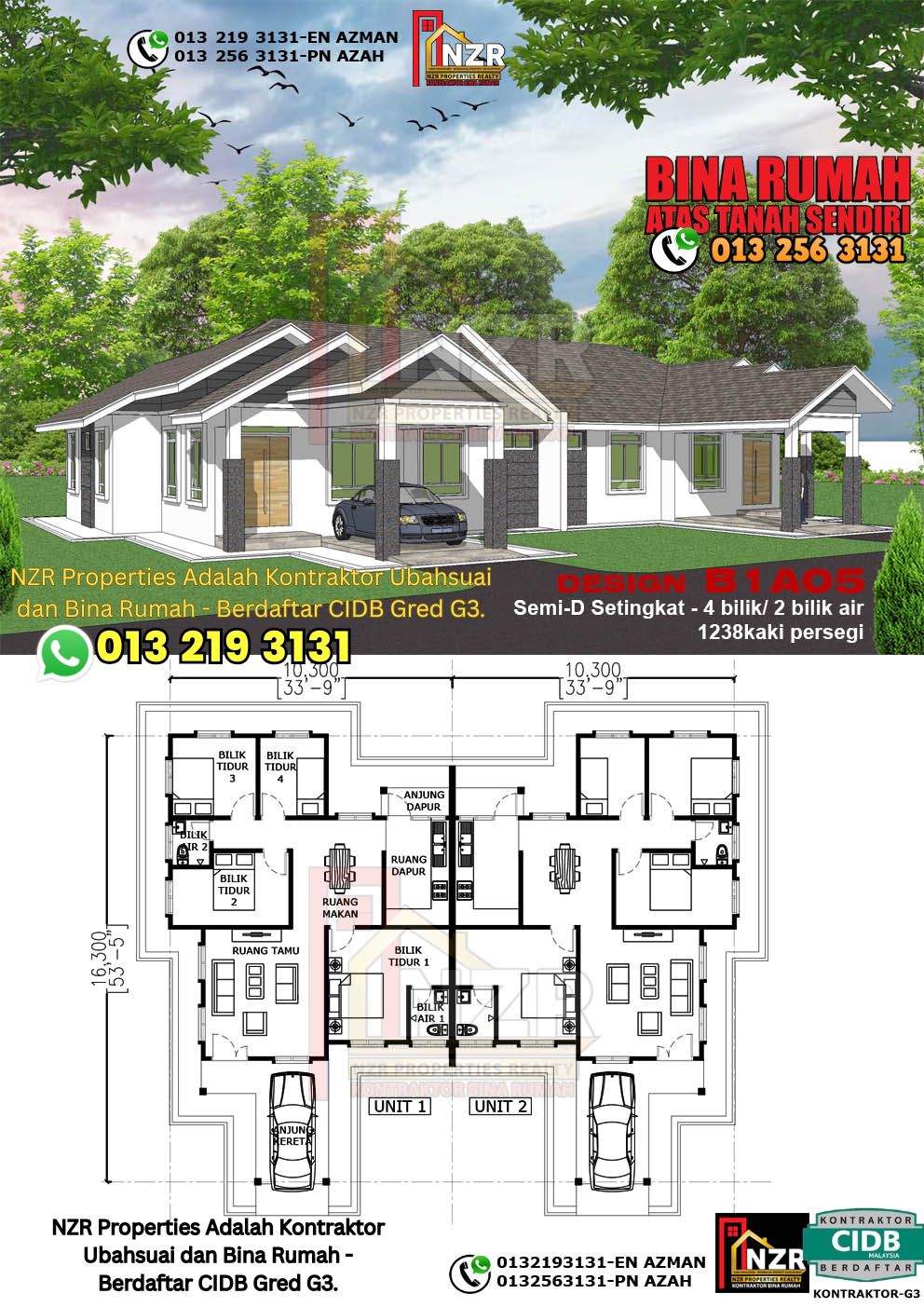Design 5-Kod B1A05- Semi D Satu Tingkat 4 Bilik & 2Bilik Air-Size Rumah 1238kps