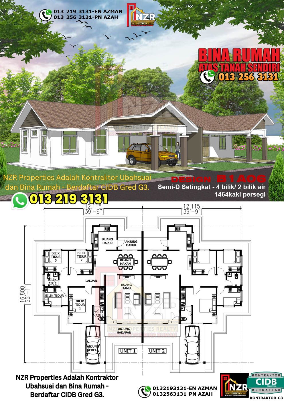 Design 6-Kod B1A06- Semi D Satu Tingkat 4 Bilik & 2 Bilik Air-Size Rumah 1464kps