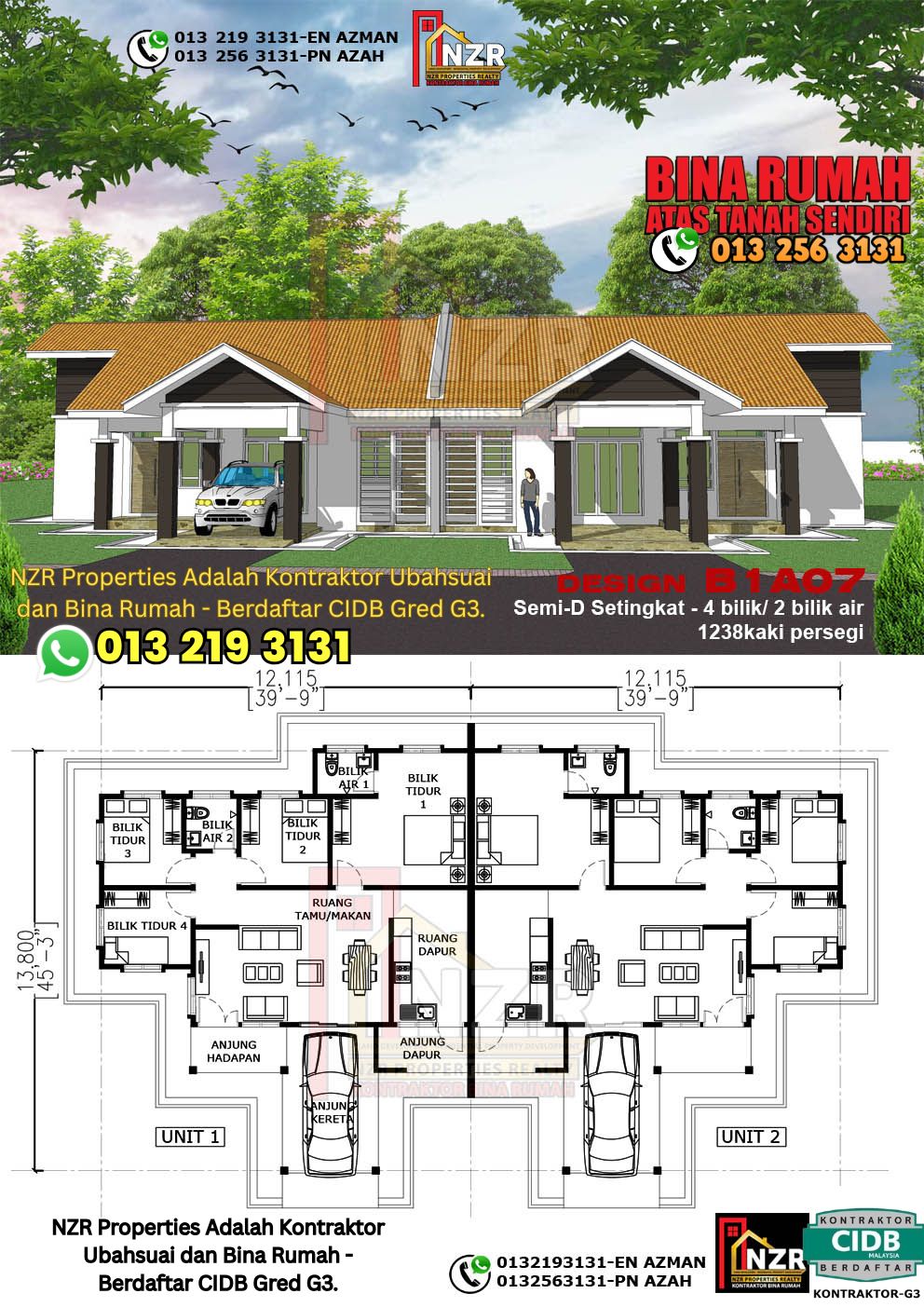 Design 7-Kod B1A07- Semi D Satu Tingkat 4 Bilik & 2 Bilik Air-Size Rumah 1238kps