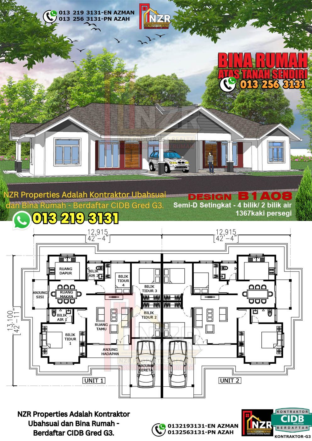 Design 8-Kod B1A08- Semi D Satu Tingkat 4 Bilik & 2 Bilik Air-Size Rumah 1367kps