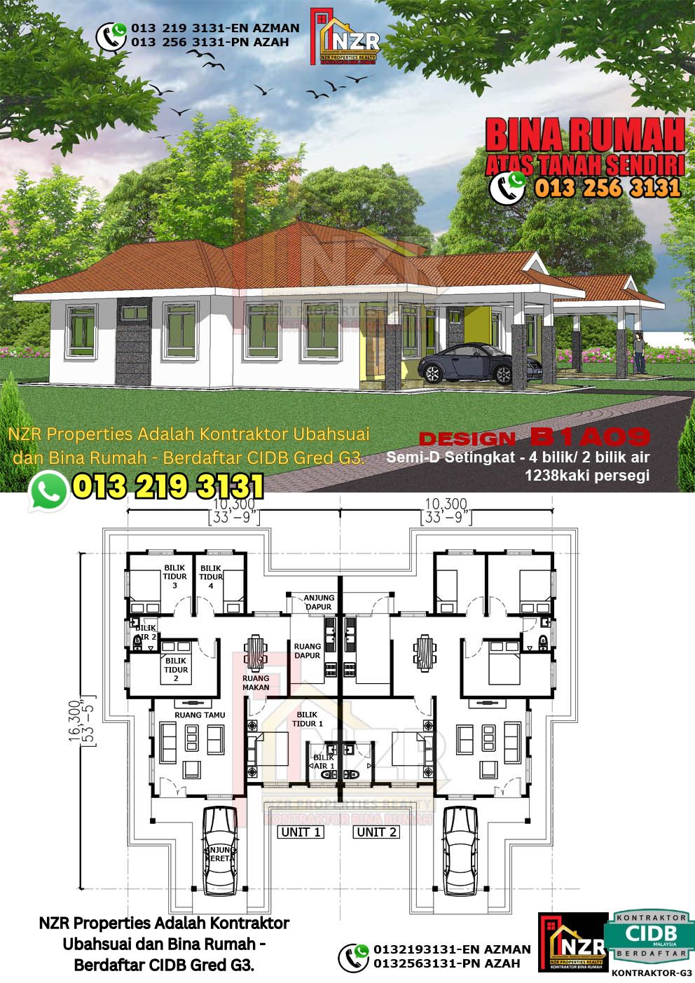 Design 9-Kod B1A09- Semi D Satu Tingkat 4 Bilik & 2 Bilik Air-Size Rumah 1238kps