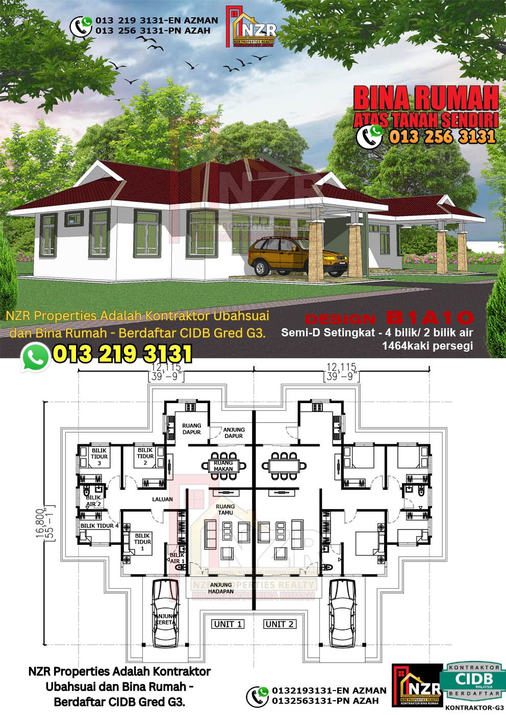 Design 10-Kod B1A10- Semi D Satu Tingkat 4 Bilik & 2 Bilik Air-Size Rumah 1464kps