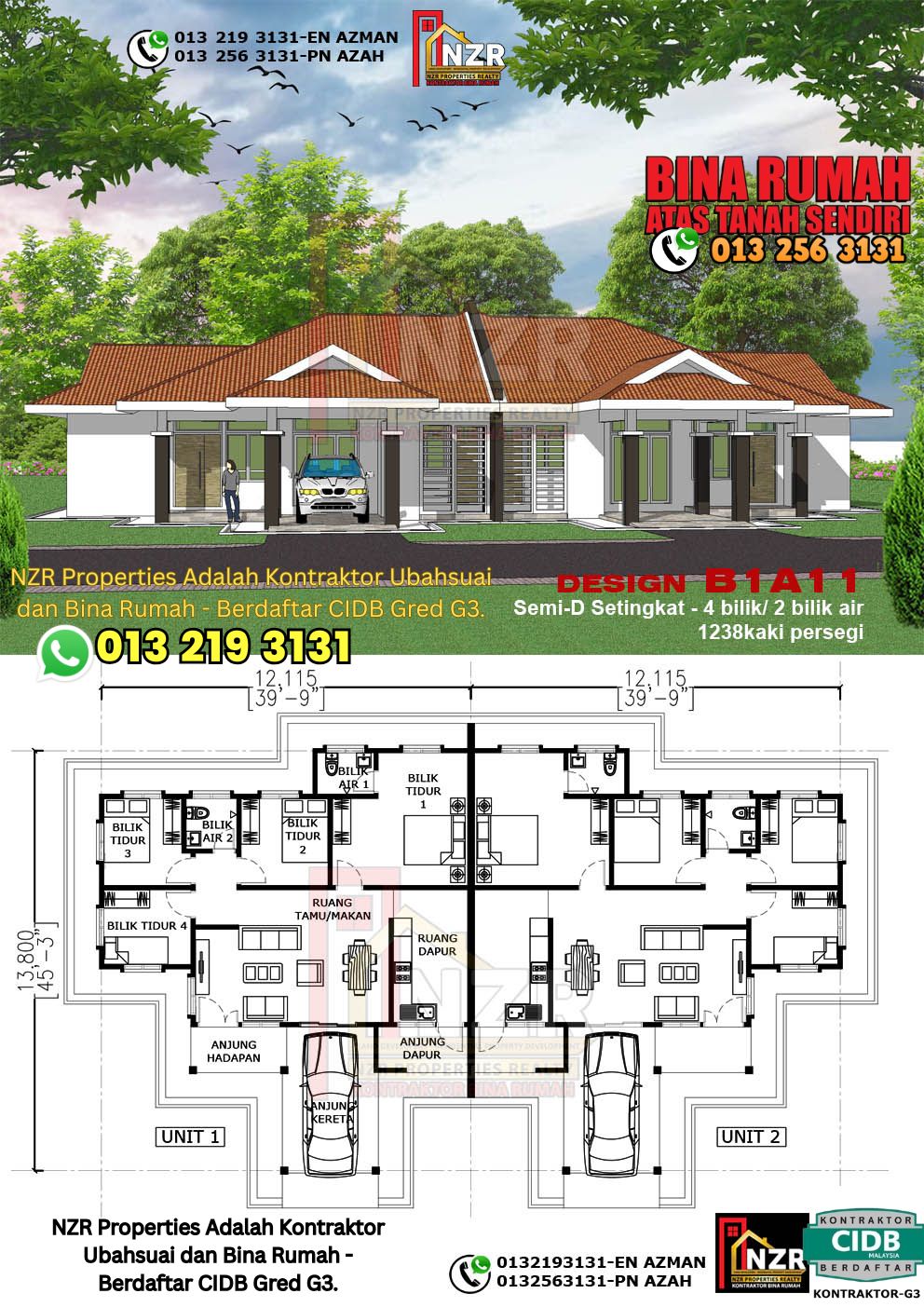 Design 11-Kod B1A11- Semi D Satu Tingkat 4 Bilik & 2 Bilik Air-Size Rumah 1238kps