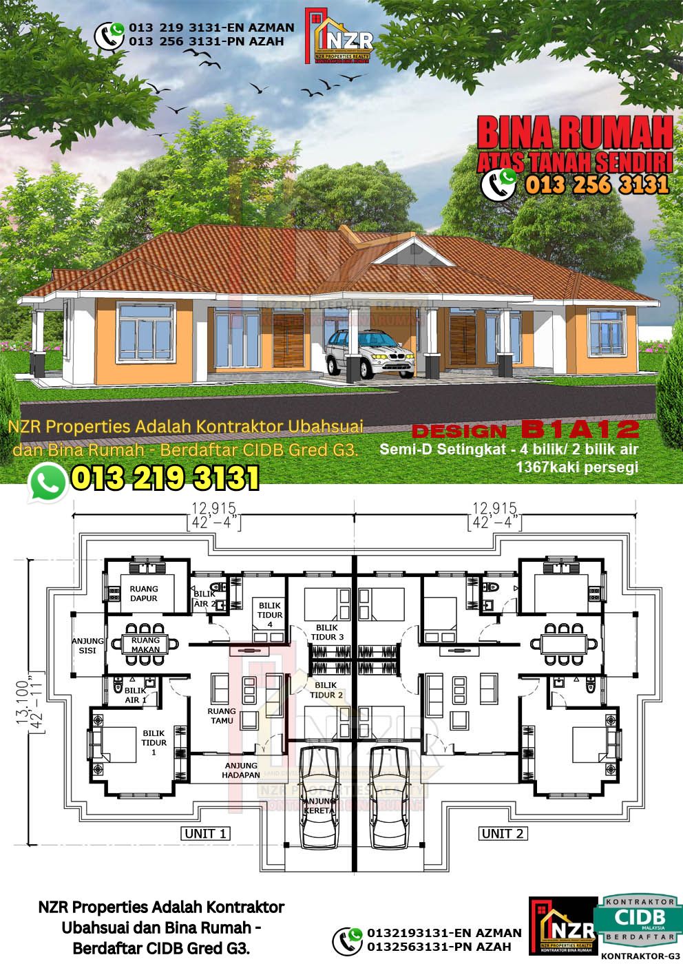 Design 12-Kod B1A12- Semi D Satu Tingkat 4 Bilik & 2 Bilik Air-Size Rumah 1367kps