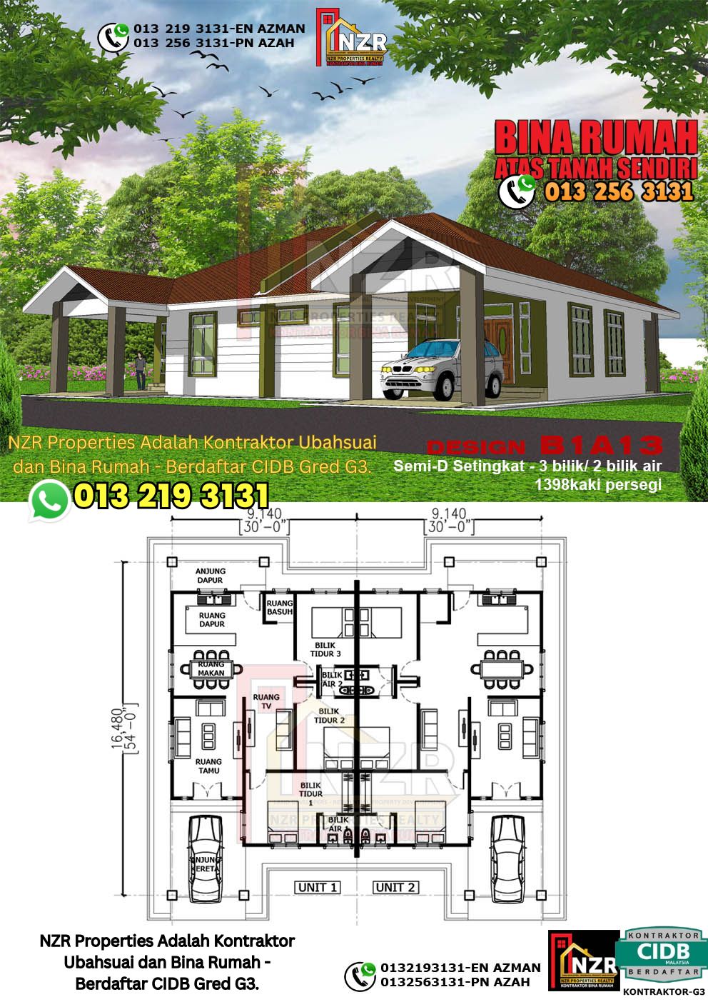 Design 13-Kod B1A13- Semi D Satu Tingkat 3 Bilik & 2 Bilik Air-Size Rumah 1398kps