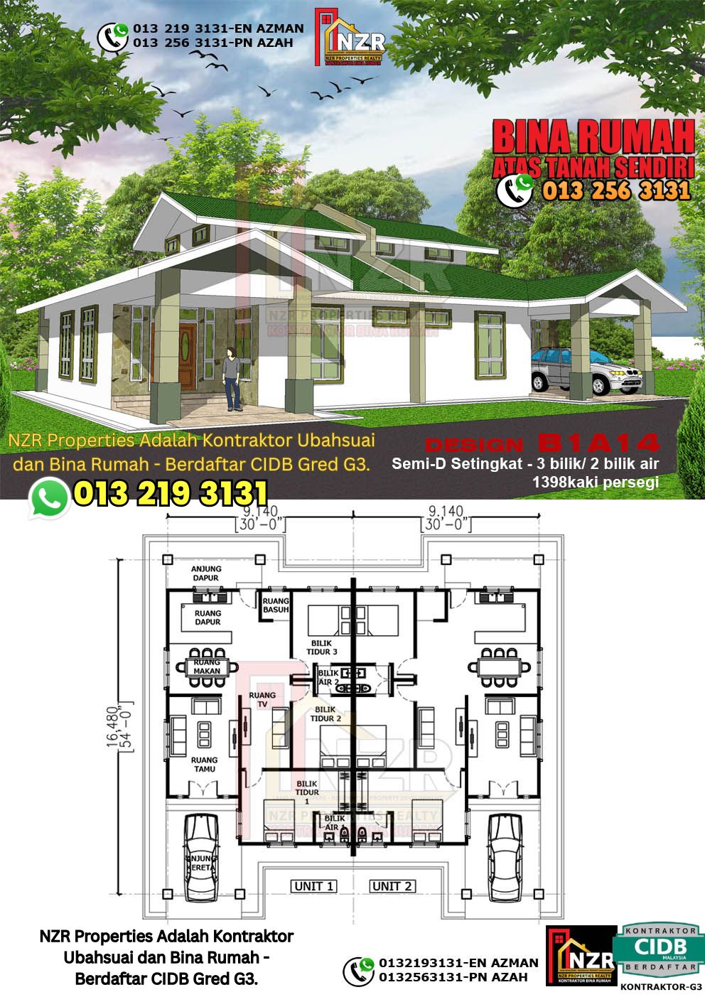 Design 14-Kod B1A14- Semi D Satu Tingkat 3 Bilik & 2 Bilik Air-Size Rumah 1398kps