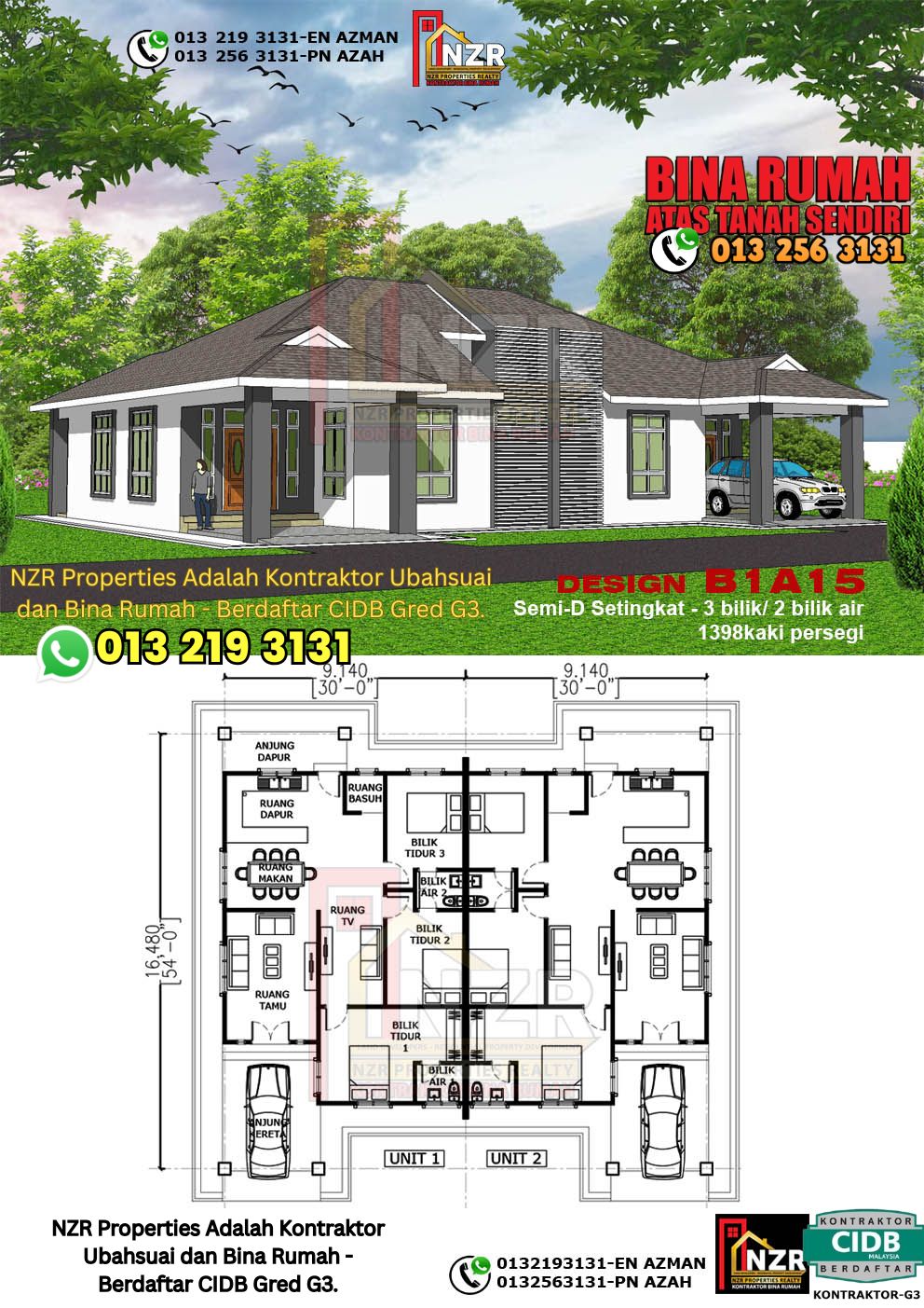 Design 15-Kod B1A15- Semi D Satu Tingkat 3 Bilik & 2 Bilik Air-Size Rumah 1398kps