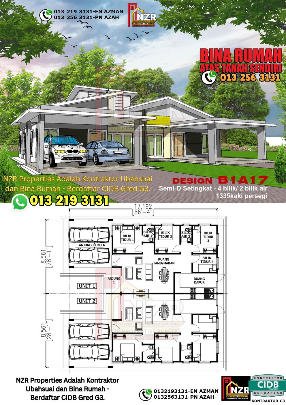 Design 16-Kod B1A17- Semi D Satu Tingkat 4 Bilik & 2 Bilik Air-Size Rumah 1335kps