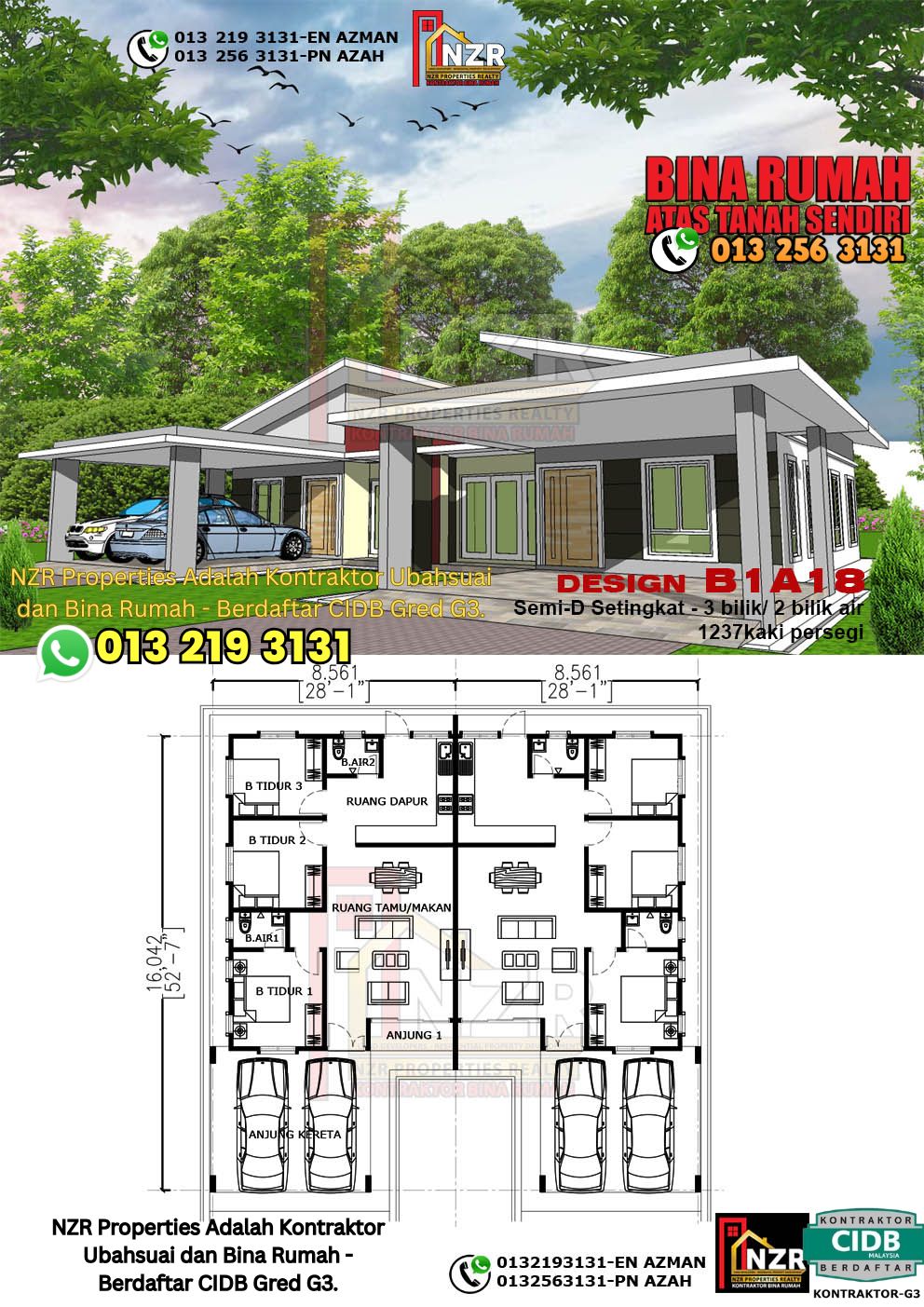 Design 17-Kod B1A18- Semi D Satu Tingkat 3 Bilik & 2 Bilik Air-Size Rumah 1237kps