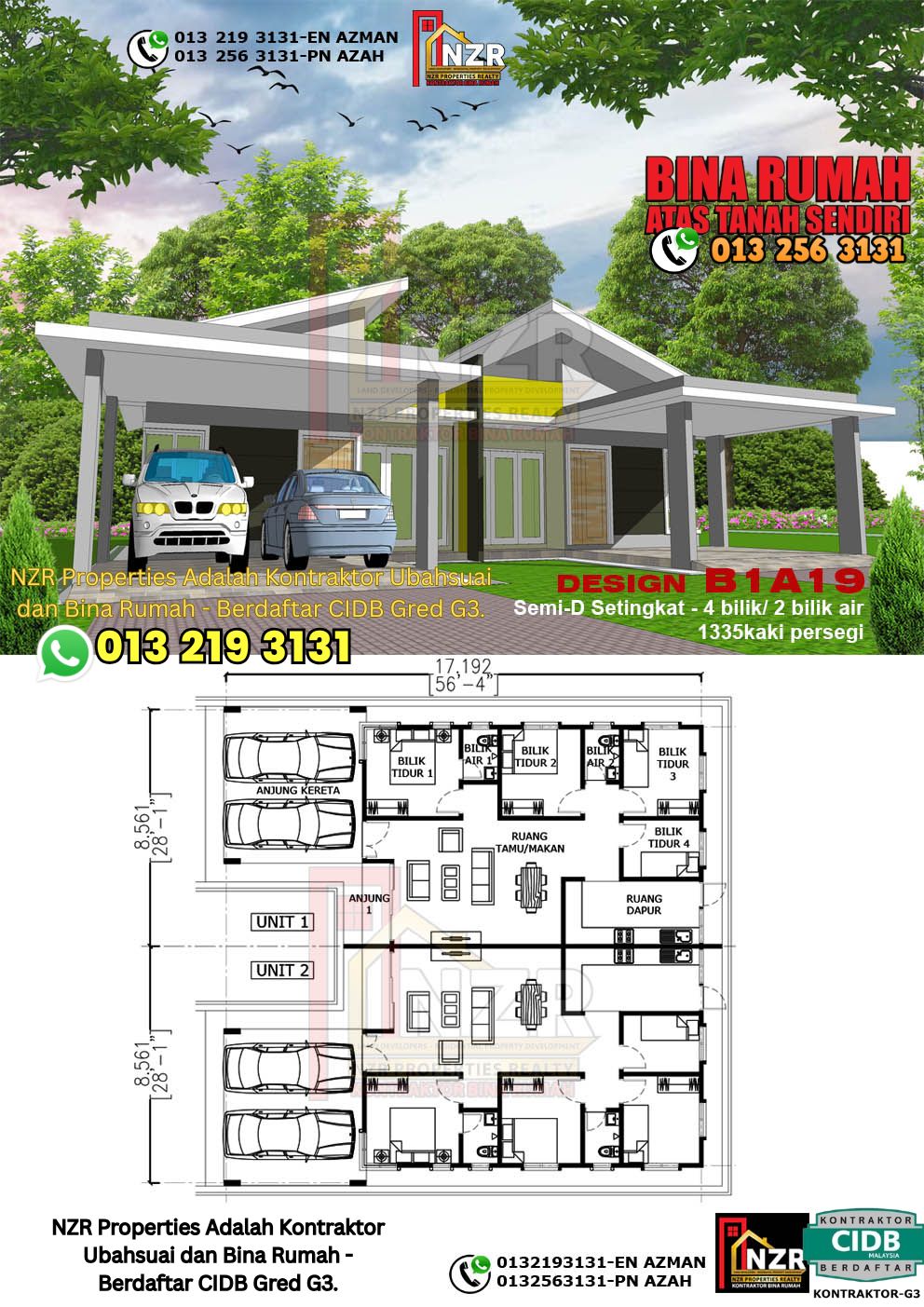Design 18-Kod B1A19- Semi D Satu Tingkat 4 Bilik & 2 Bilik Air-Size Rumah 1335kps
