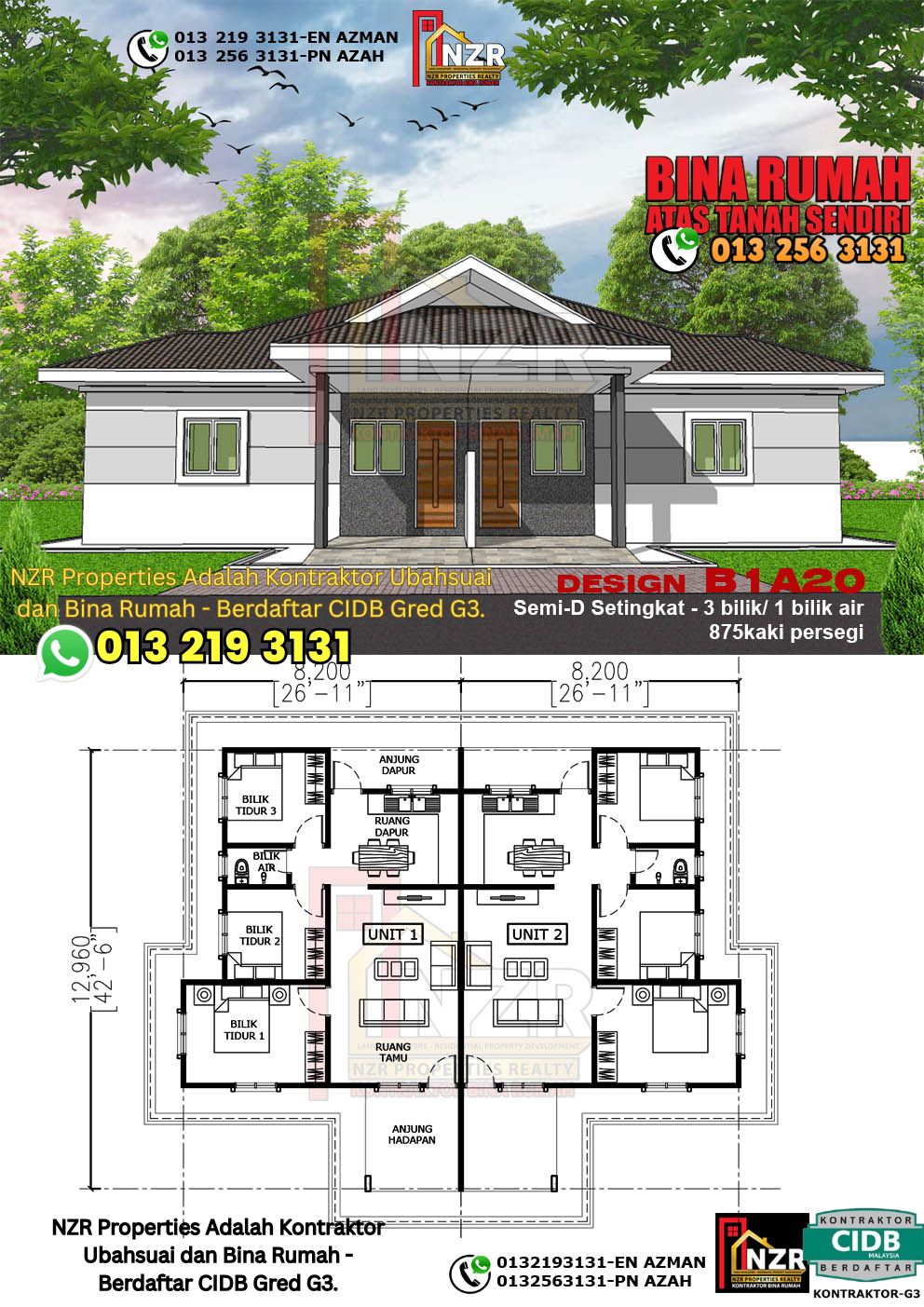 Design 19-Kod B1A20- Semi D Satu Tingkat 3 Bilik & 1 Bilik Air-Size Rumah 875kps