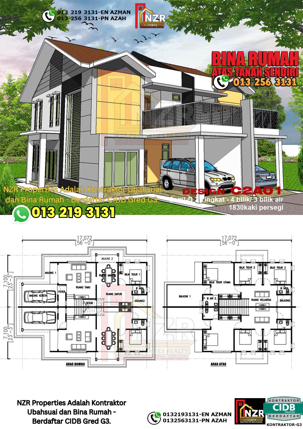 Design 20-Kod C2A01- Semi D Design Rumah Dua Tingkat -4 Bilik & 3 Bilik Air-Size Rumah 1830kps