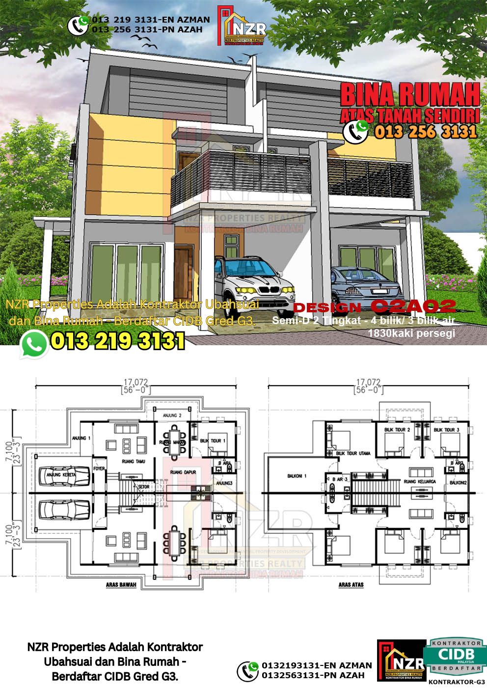 Design 21-Kod C2A02- Semi D Design Rumah Dua Tingkat -4 Bilik & 3 Bilik Air-Size Rumah 1830kps