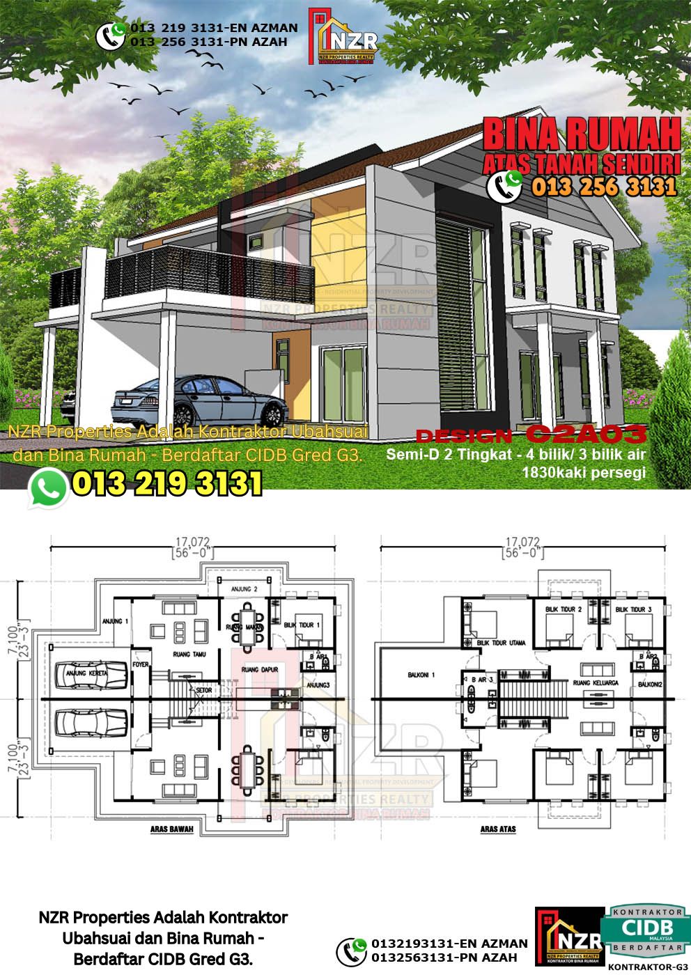 Design 22-Kod C2A03- Semi D Design Rumah Dua Tingkat -4 Bilik & 3 Bilik Air-Size Rumah 1830kps