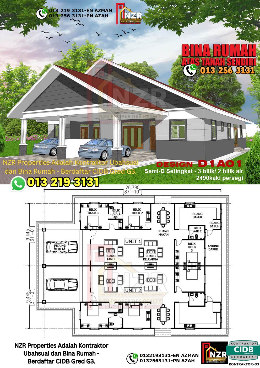 Design 23-Kod D1A01- Semi D Satu Tingkat 3 Bilik & 2 Bilik Air-Size Rumah 2490kps