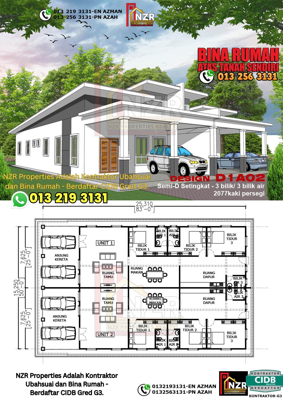 Design 24-Kod D1A02- Semi D Satu Tingkat 3Bilik & 2Bilik Air-Size Rumah 2077kps